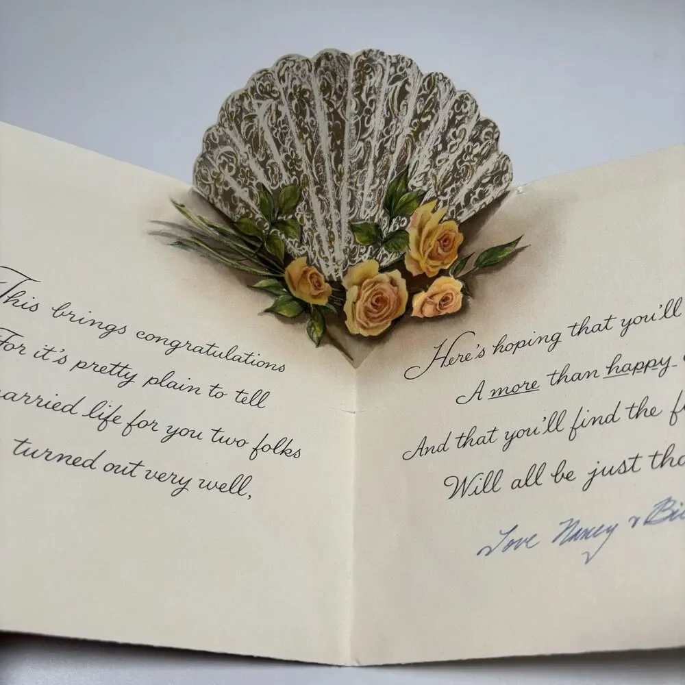 Vintage Hallmark Pop Up Wedding Anniversary Card Lace Fan Roses 3D MCM Art Decor